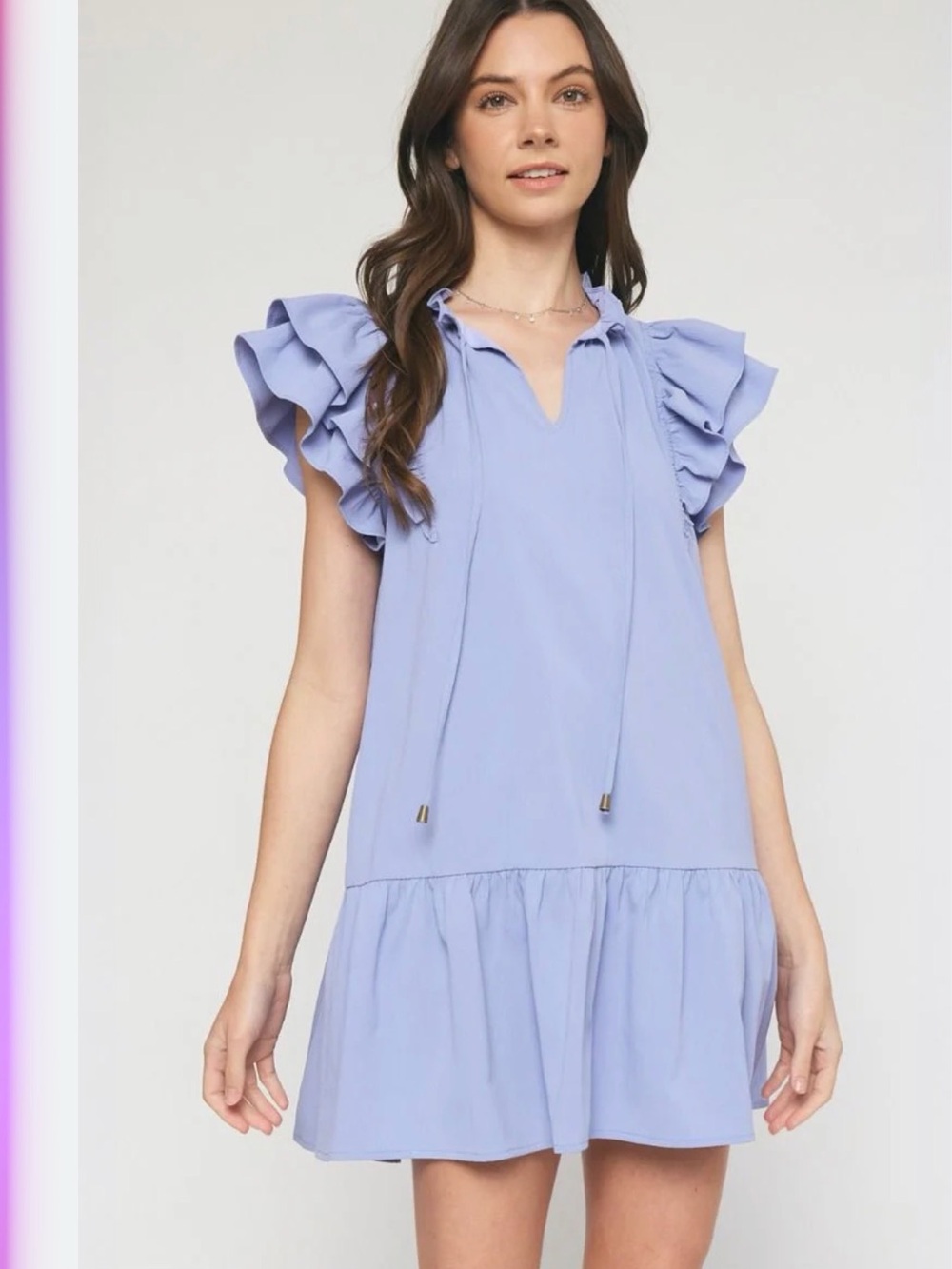 Entro Lilac Front Tie Ruffle Mini Dress with pockets NEW